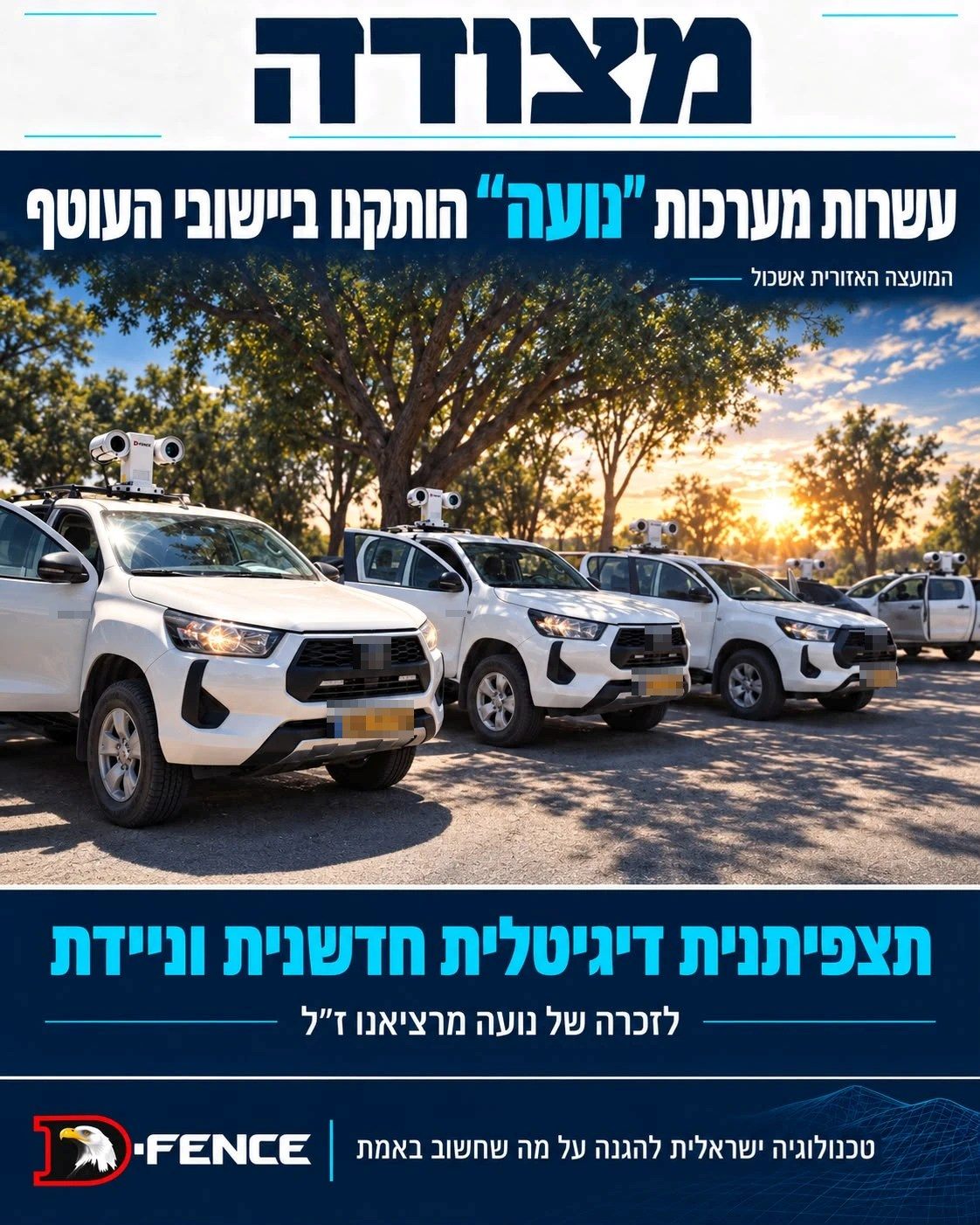 Metzuda front page: “Dozens of NOA systems installed in the Gaza-border communities”, a row of white patrol pickups with NOA observation heads on their roofs