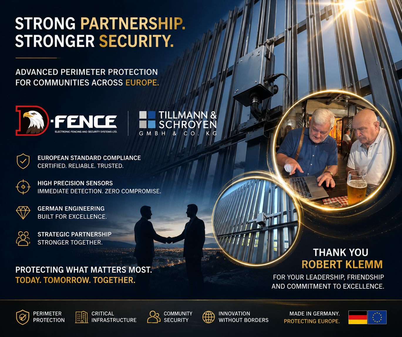 海报：D-FENCE 与 Tillmann & Schroyen 携手，为欧洲各地社区提供周界防护