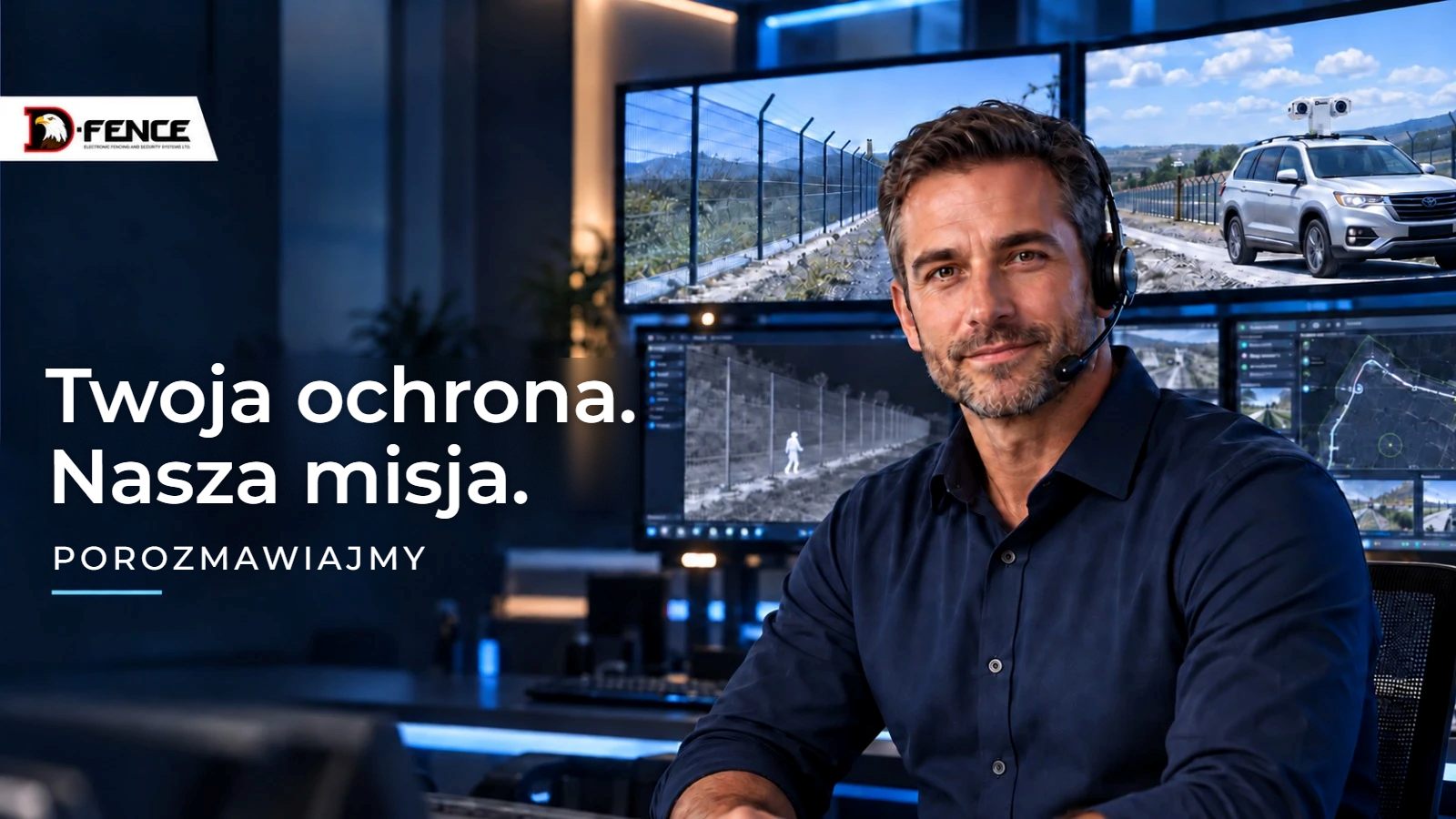 Operator centrum nadzoru D-FENCE w zestawie słuchawkowym przed obrazami na żywo z ogrodzenia i kamer pojazdu patrolowego, z hasłem „Your Security. Our Commitment. Let's talk.”