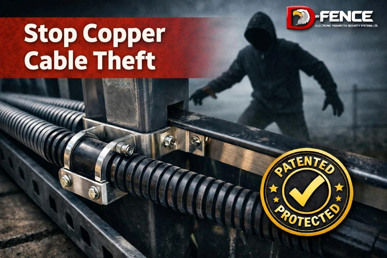 Stop Copper Cable Theft:一名蒙面窃贼伸手去抓由 D-FENCE 专利线夹固定的电缆线管