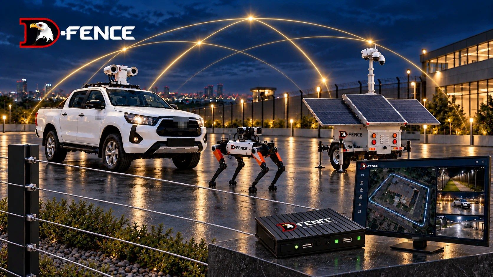 Illustration: a D-FENCE sensor fence in the foreground, a white patrol pickup with a NOA day and thermal head on its roof, a D-DOG patrol robot, an AI-EYE IN THE SKY solar trailer with its camera mast, and the D-FENCE control unit beside a D-Command Control screen showing the protected perimeter, all linked at night