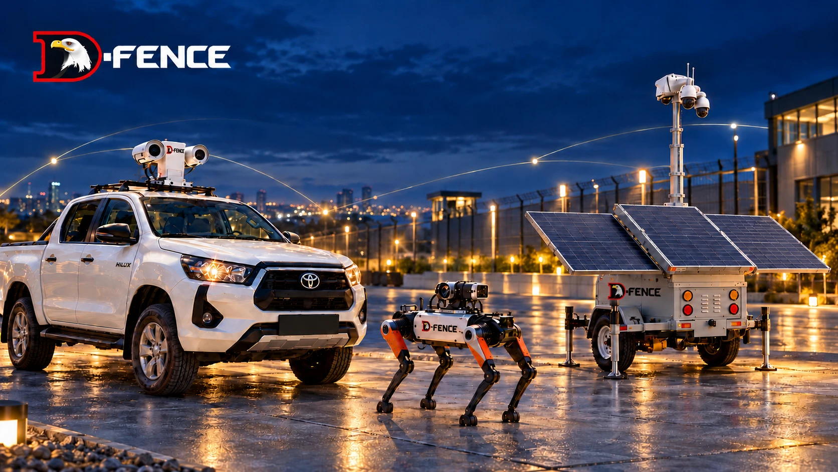 AI-EYE IN THE SKY solar trailer with its camera mast, NOA on the roof of a patrol pickup and the D-DOG robot at night