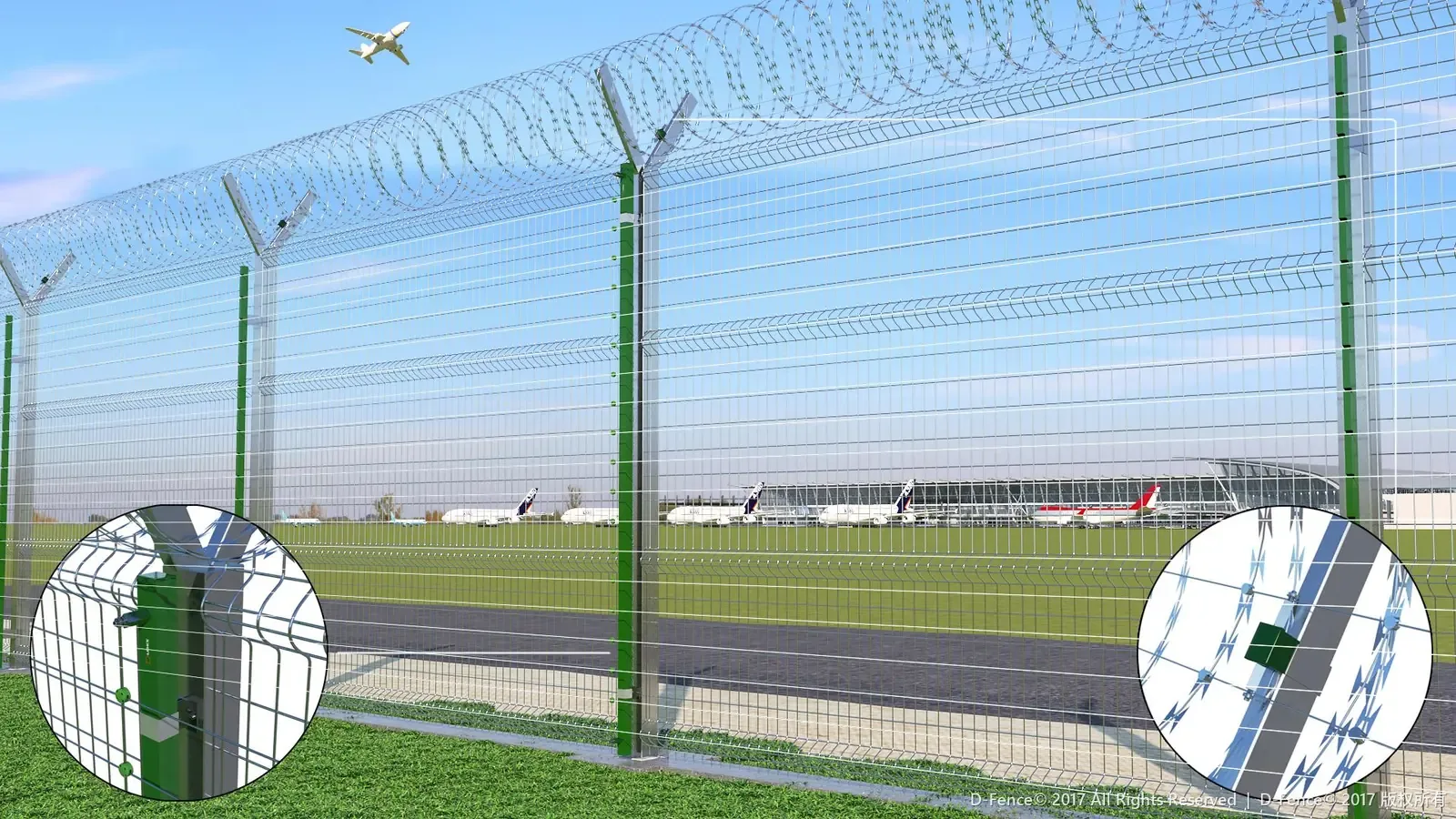 An airside sensor fence beside a runway, with close-ups of the D-FENCE sensor posts