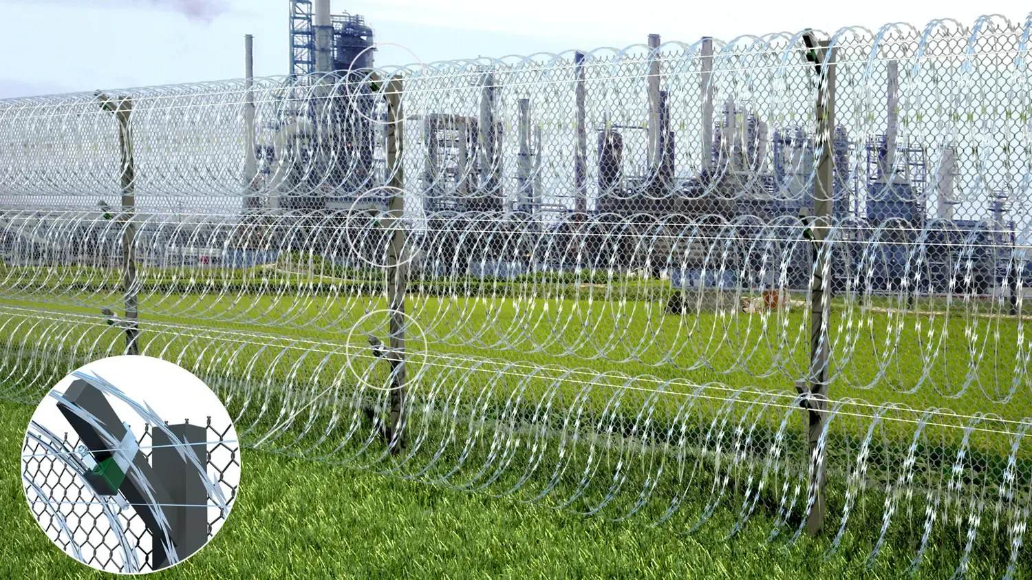 炼油厂前方顶部装有刀片刺网的传感器围栏,附传感器特写