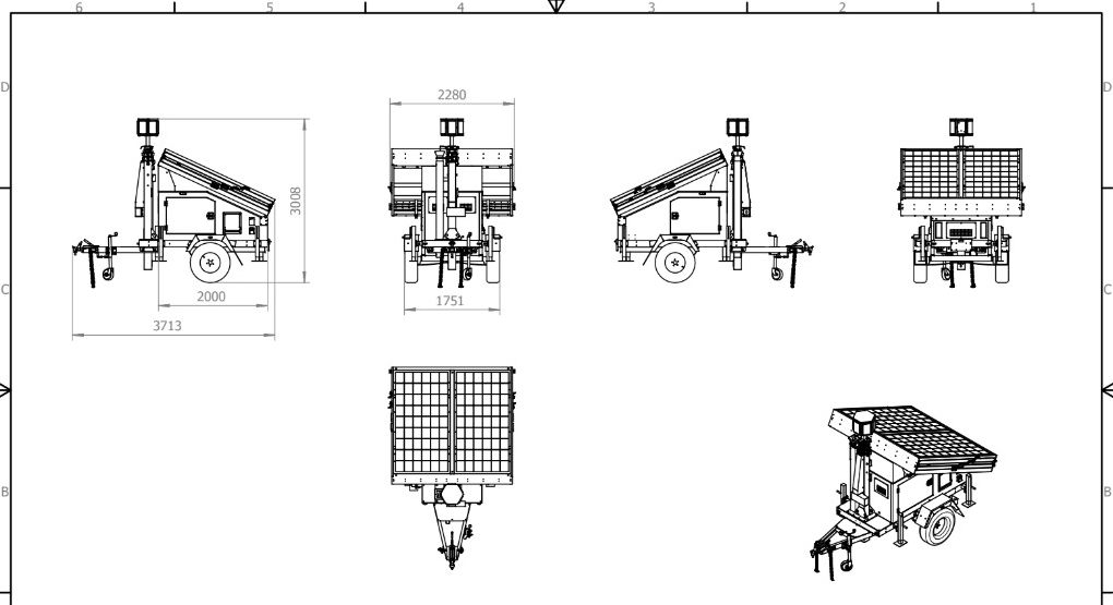 Engineering drawing of the mobile observation trailer with a 4 × 460 W solar array, in six views