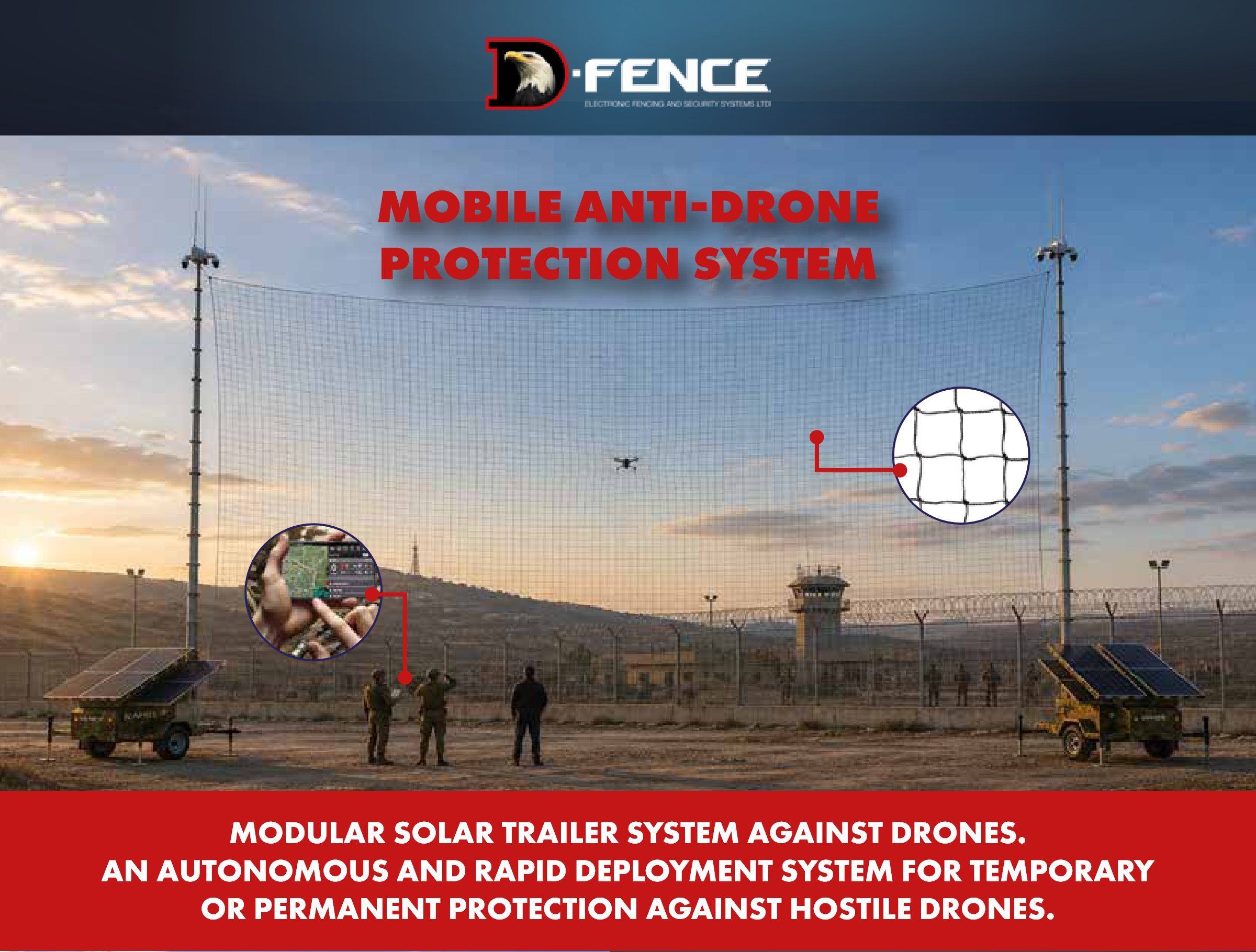 D-FENCE one-pager 'Mobile Anti-Drone Protection System': the vertical net, a close-up of the mesh and the tablet used for remote control