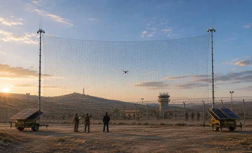 D-Fence Anti-Drone Net concept render: a tall transparent net stretched between the masts of two solar trailers in front of a fenced base at sunset, a drone in front of the net and a team watching