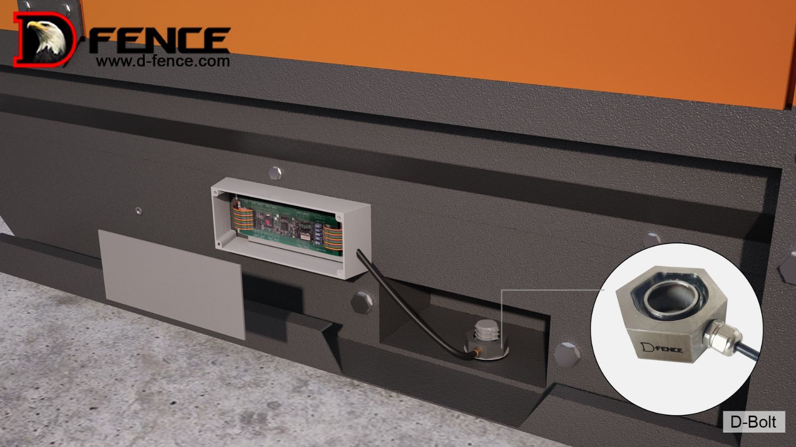 Render: close-up of a generator base frame with a D-Bolt sensing nut on the mounting bolt and its open control box; inset of the nut