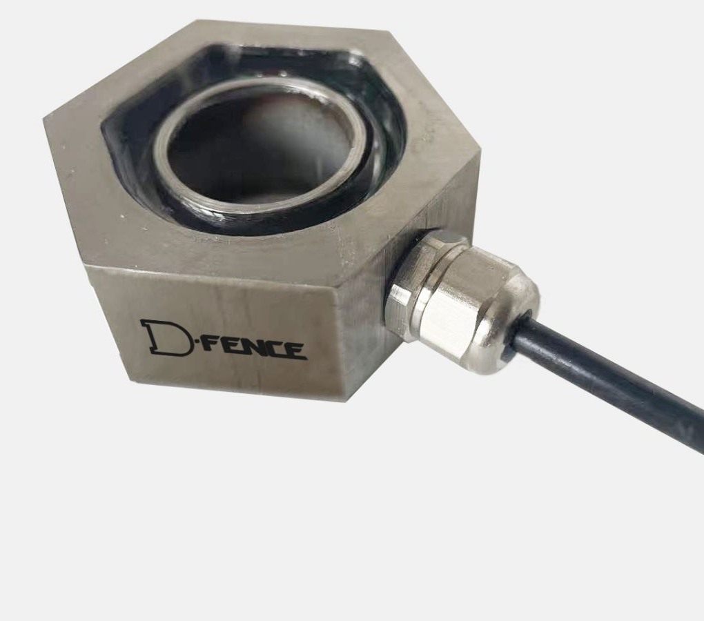 The D-Bolt sensing nut: a stainless hexagonal nut with D-FENCE marking and a sealed cable gland