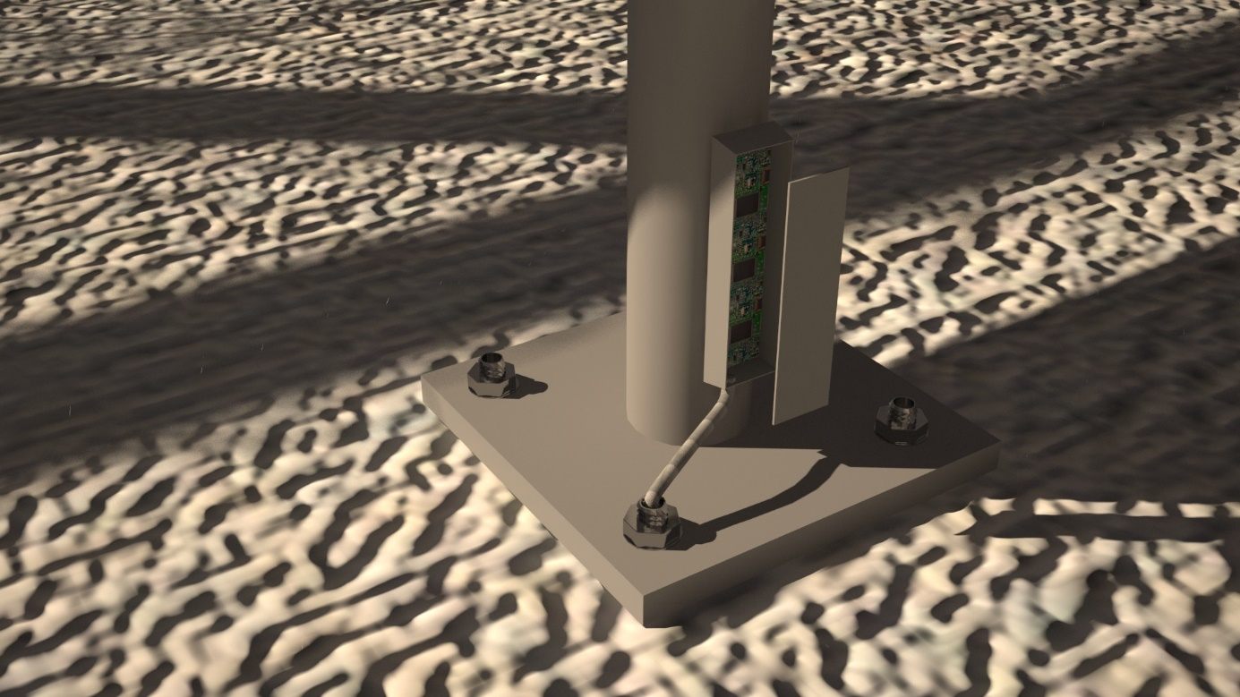 Render: base plate of a mast in hard sunlight, with a D-Bolt on one anchor nut and the control box on the mast