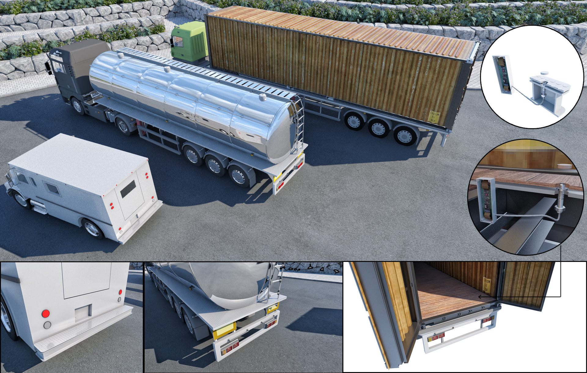 Render of a tanker, a container trailer and a van; insets show D-Bolt sensors at the container door and the control card