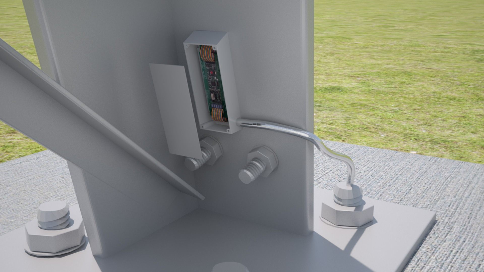 Render: foot of a lattice pylon with a D-Bolt sensing nut on the anchor bolt and armoured cable to an open control box on the leg