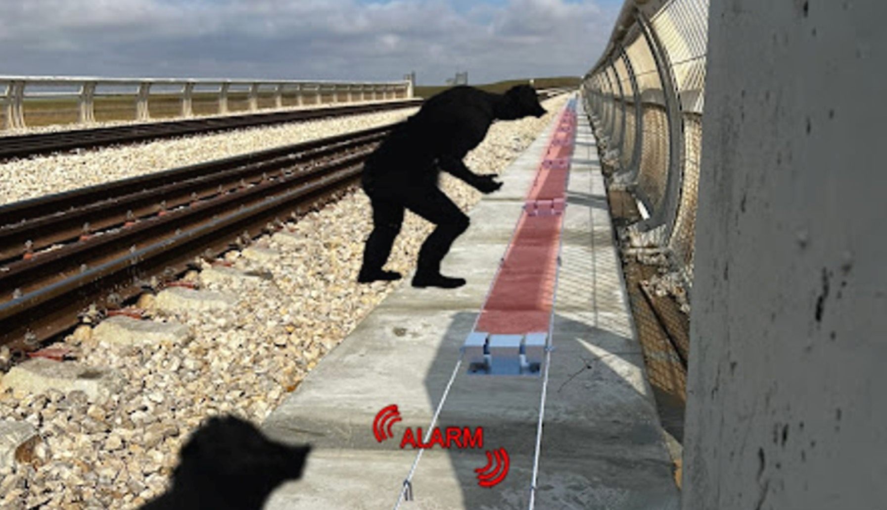 D-FENCE render on a real railway-bridge photo: an intruder reaches for the cable trough and the sensors along the trough cover raise the alarm