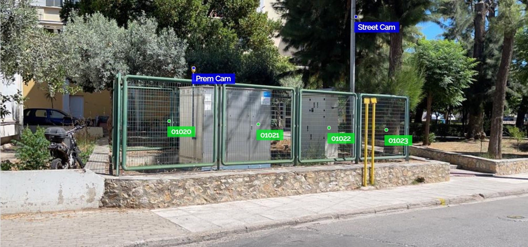 Station 1 camera view in D-Command Control: a fenced compound of street-side equipment cabinets, with sensor IDs 01020 to 01023 and the Prem Cam and Street Cam positions marked
