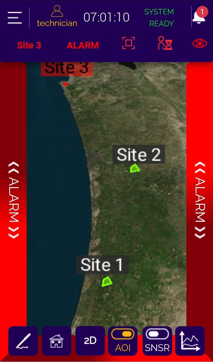 D-Command Control on a smartphone: map with three sites and an alarm at Site 3