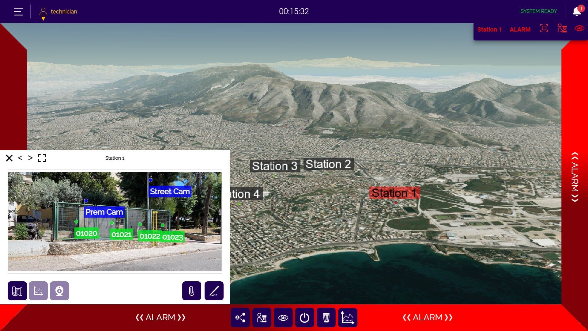 D-Command Control screen in alarm state: red alarm frame, 3D city map with the site's stations, and a pop-up showing the fence at Station 1 with its sensor IDs and cameras