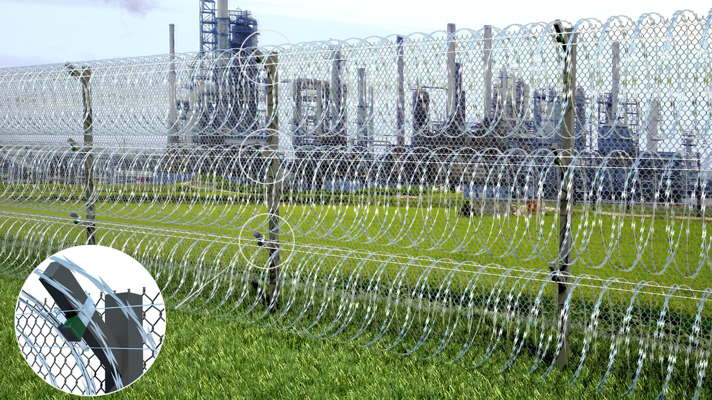 Render: double chain-link fence with concertina coils in front of a refinery, inset of the concertina sensor