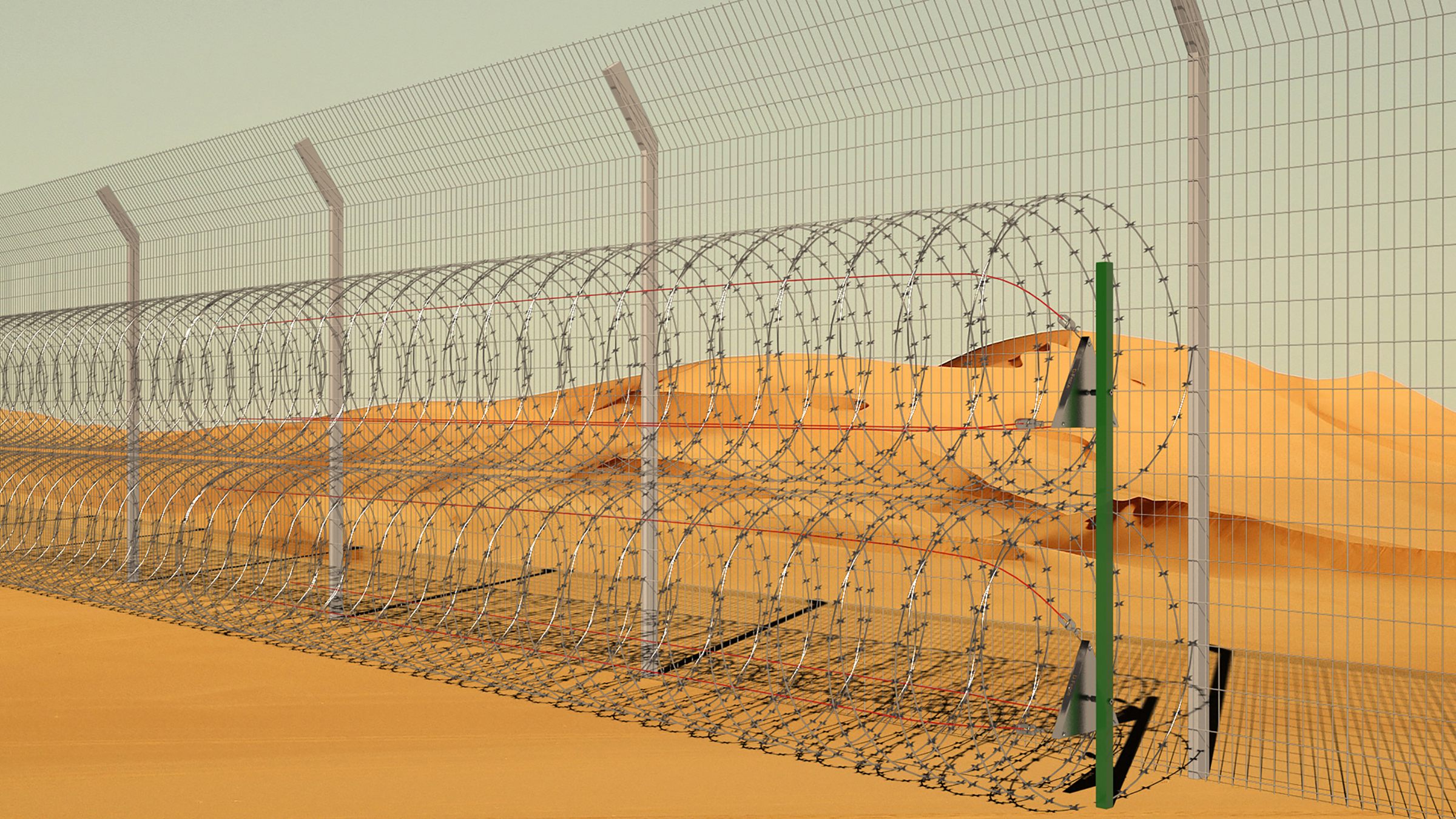 Render: concertina coils and welded mesh on green sensor posts across a desert perimeter