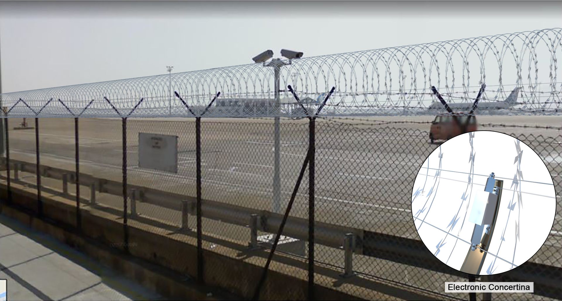 Render: airport chain-link fence topped with concertina, camera pole and control box; inset of the electronic concertina sensor