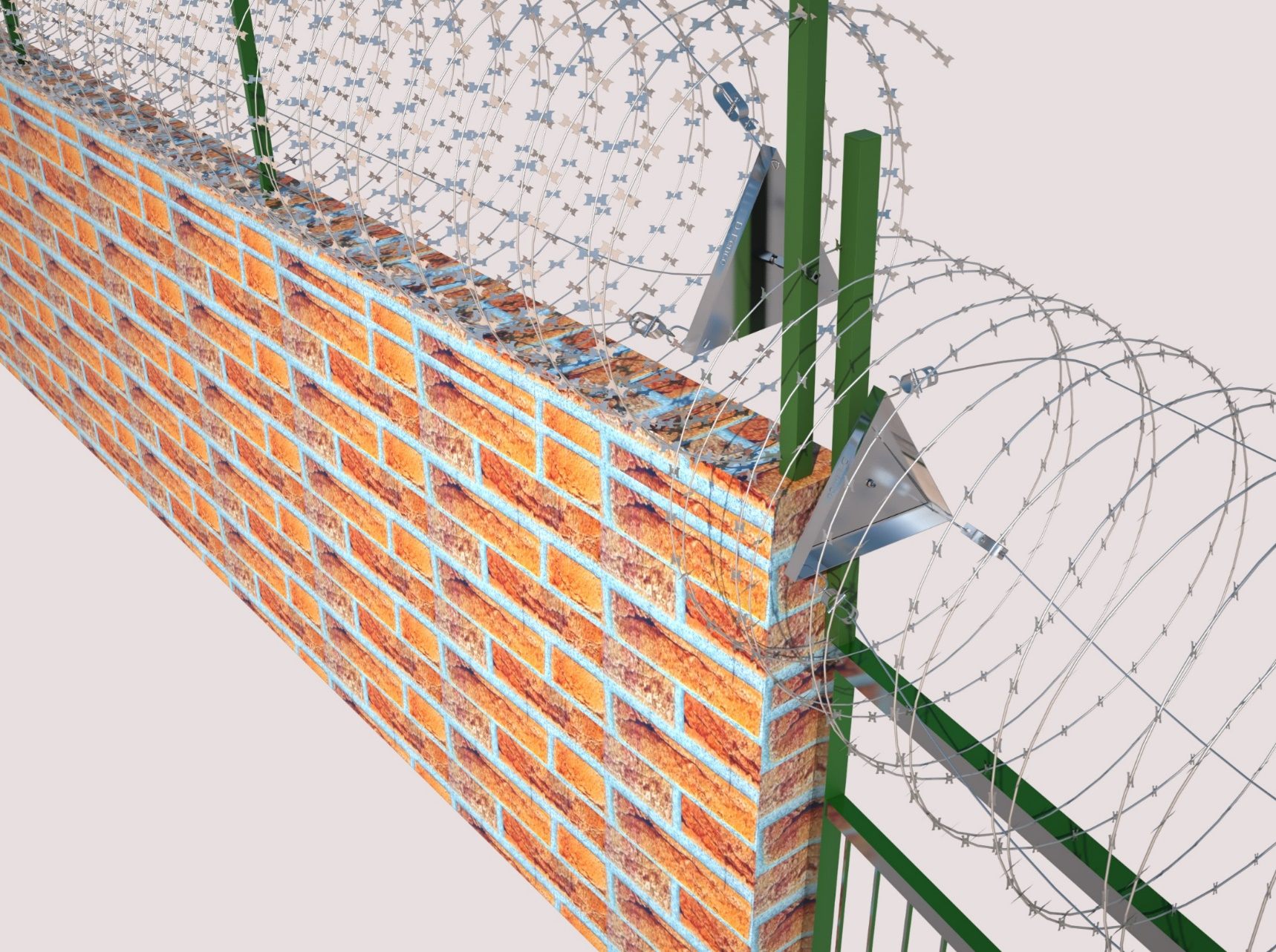 Render: concertina on sensor-post arms along the top and the foot of a brick wall
