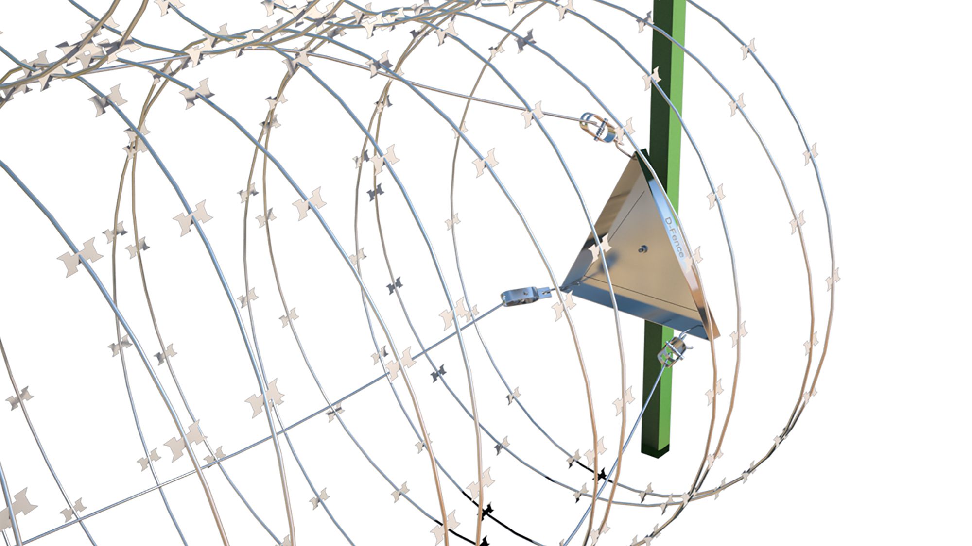 Concertina coil clamped to a D-FENCE triangular sensor bracket on a green post, white background