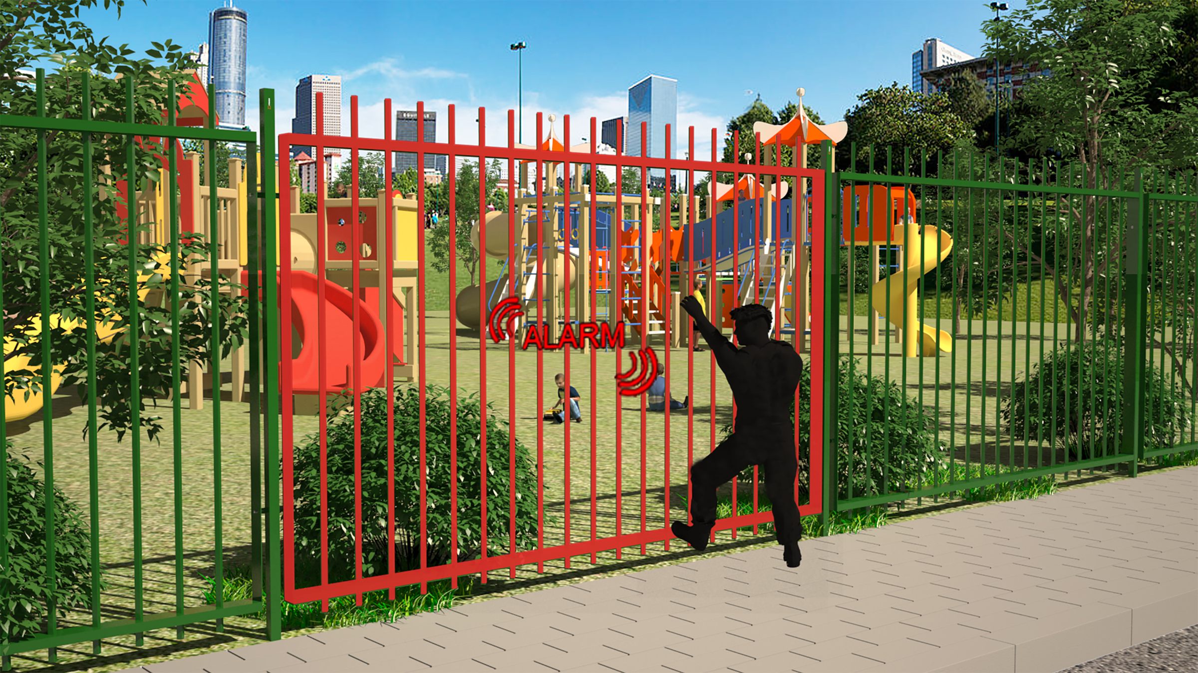 Render: an intruder climbing a playground fence turns the attacked D-Corative panel red and raises an alarm