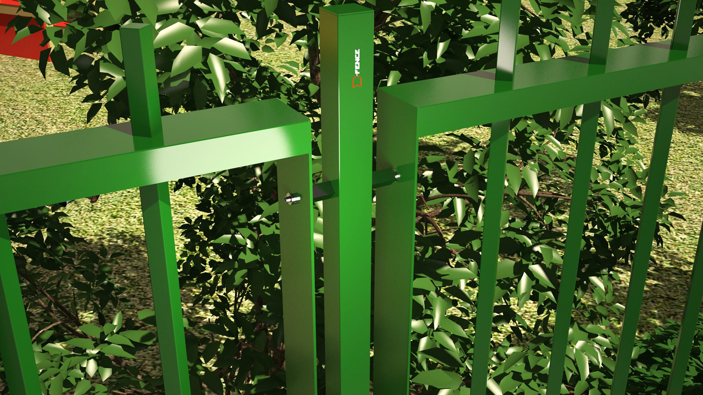 Render: close-up of a green D-Corative sensor post carrying two fence panels
