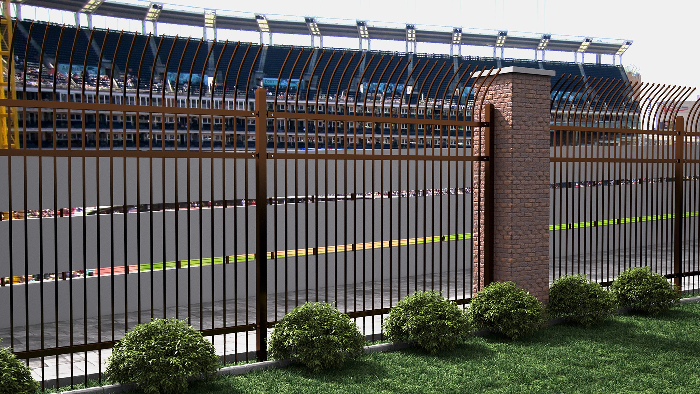 Render: D-Corative fence with curved tops and brick pillars around a stadium