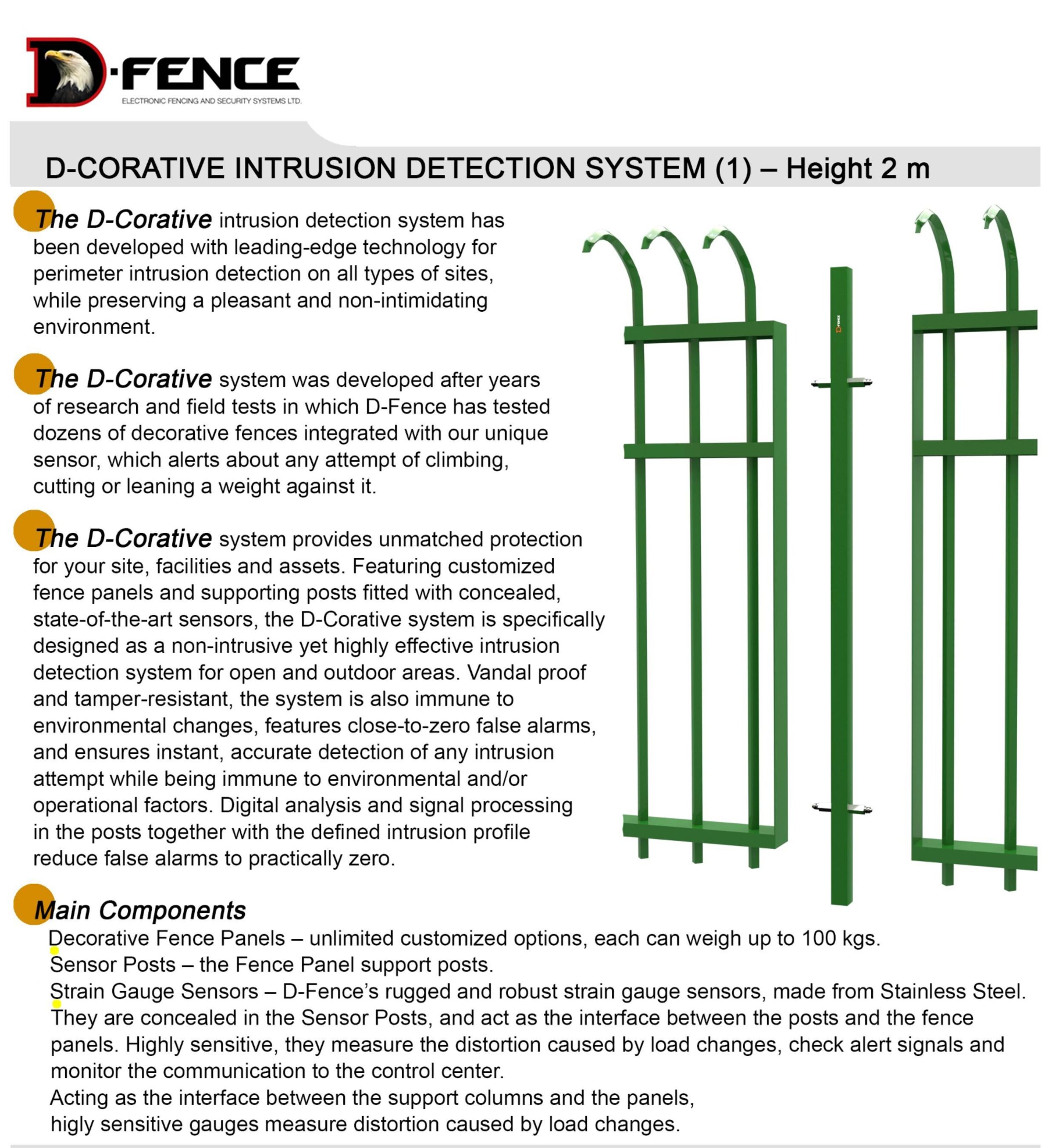 D-Corative catalogue page: system description, main components and a sensor post between two panels