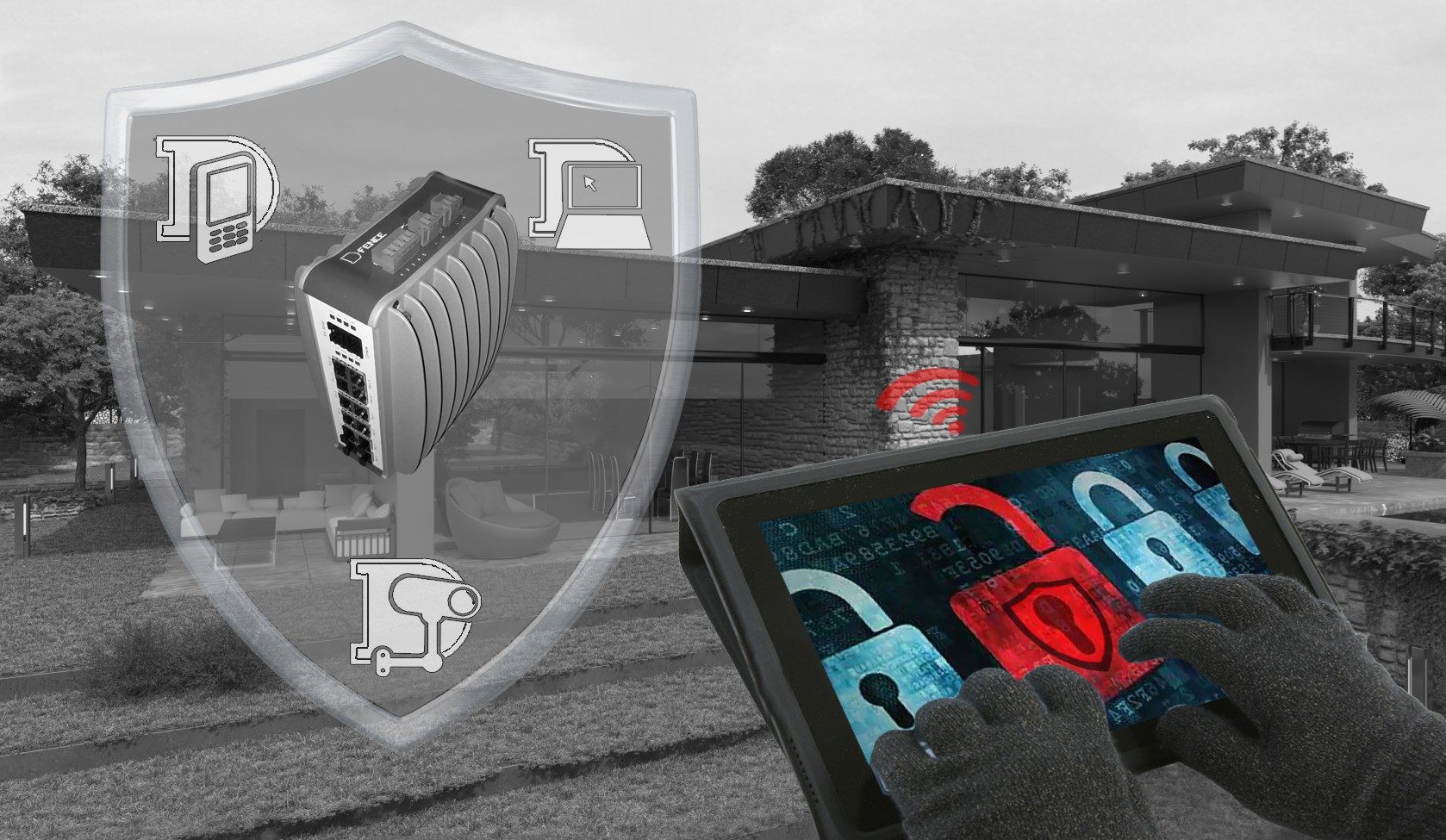D-FENCE cyber concept image: a D-FENCE-branded network unit inside a protective shield with phone, laptop and camera icons, and a tablet showing locked and unlocked padlocks