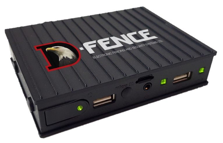 The black, ribbed D-FENCE gateway unit of D-Command Control with USB ports and status LEDs