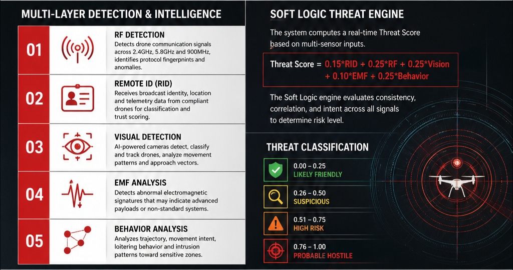 D-DOME infographic: the five detection layers (RF, Remote ID, visual, EMF, behaviour) beside the soft-logic threat engine and its four-level classification from likely friendly to probable hostile