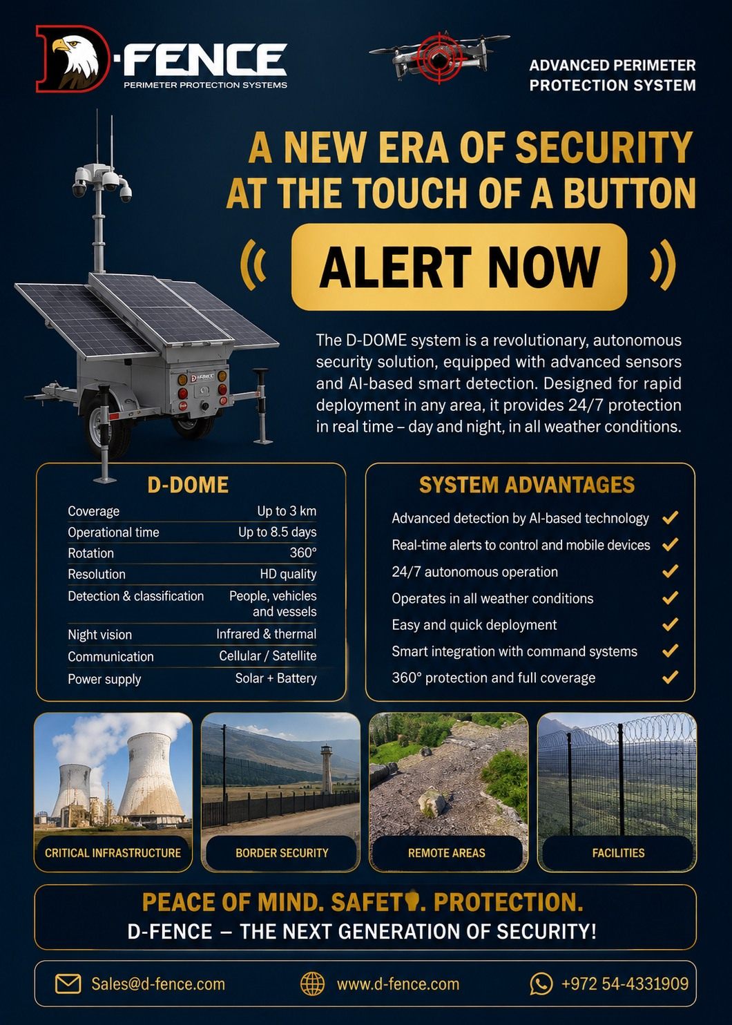 ALERT NOW flyer: D-DOME on a solar trailer with coverage up to 3 km, up to 8.5 days of operation and 360° rotation