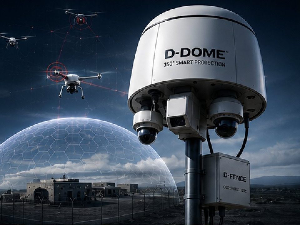 D-DOME 360° Smart Protection sensor head on a mast: a white radome with PTZ cameras and a D-FENCE connection box, drones tracked in the night sky and a base under a protective dome (concept render)