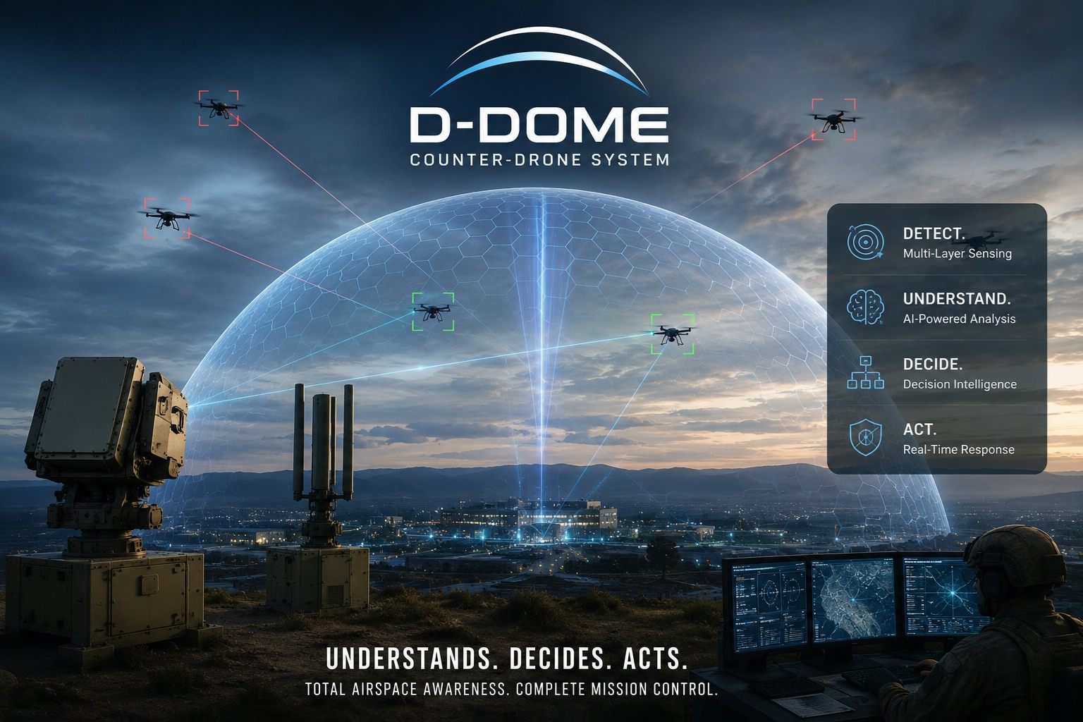 D-DOME counter-drone system protecting a site under a dome, with drones tracked in the night sky (illustration)
