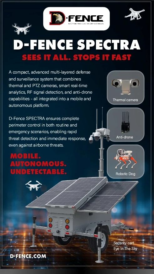 D-FENCE SPECTRA 宣传单:太阳能安防拖车、热成像摄像机、反无人机模块和 D-DOG