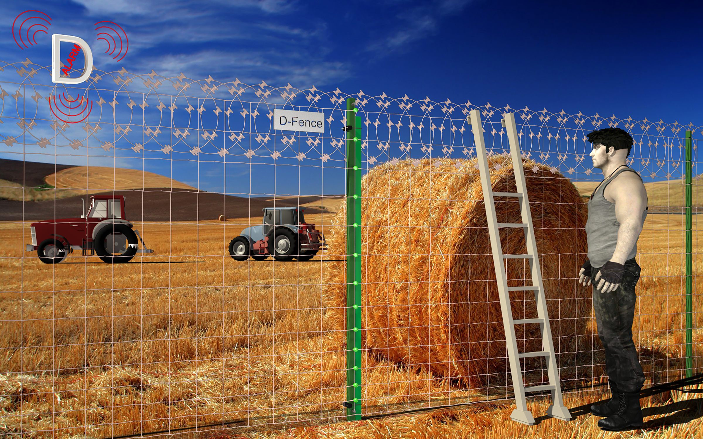 Render: an intruder sets a ladder against the field fence beside a hay bale; the D-FENCE sensor posts raise an alarm
