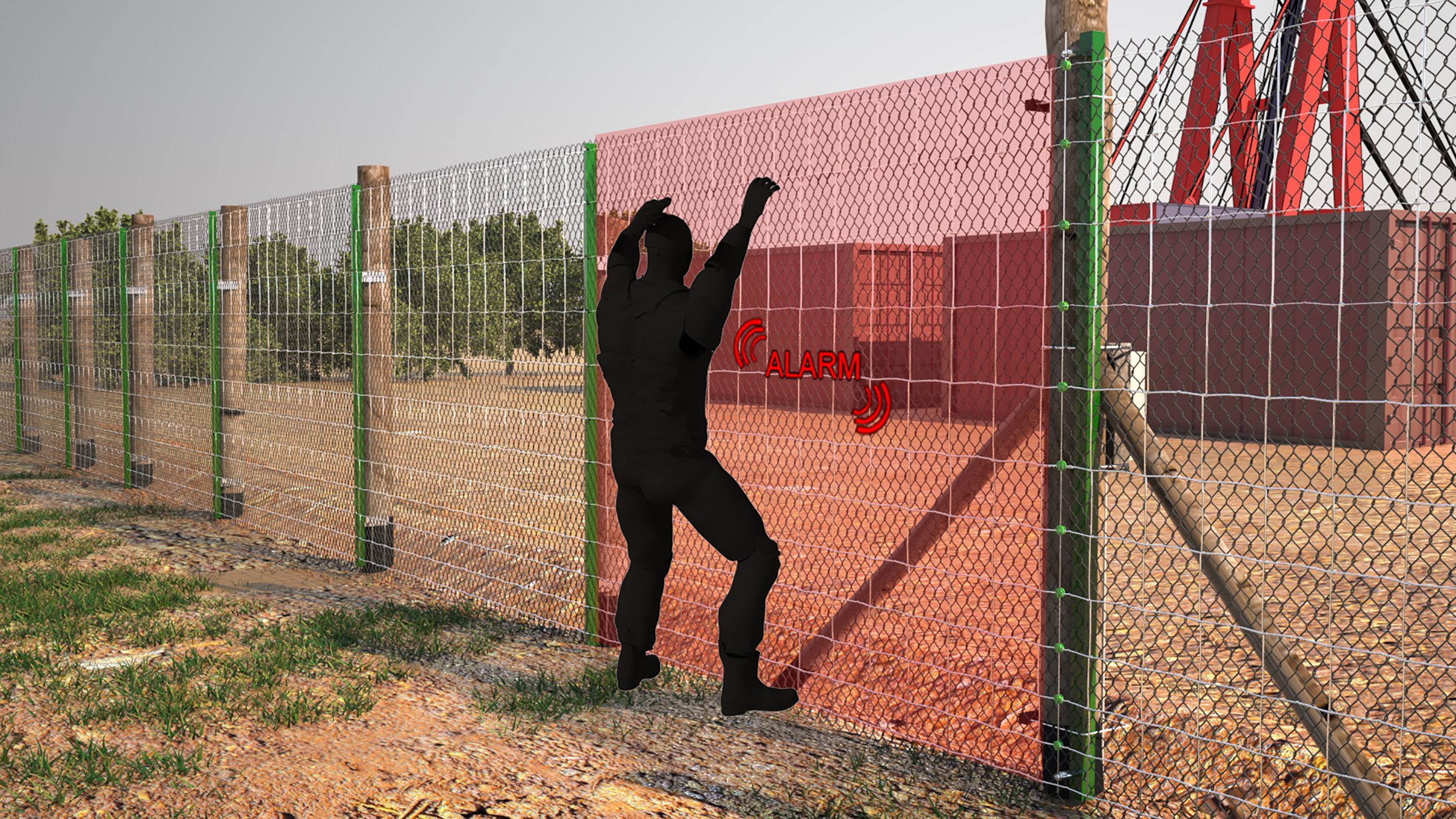Render: an intruder climbs a field fence with wooden and green D-FENCE sensor posts; the attacked zone lights red with an alarm