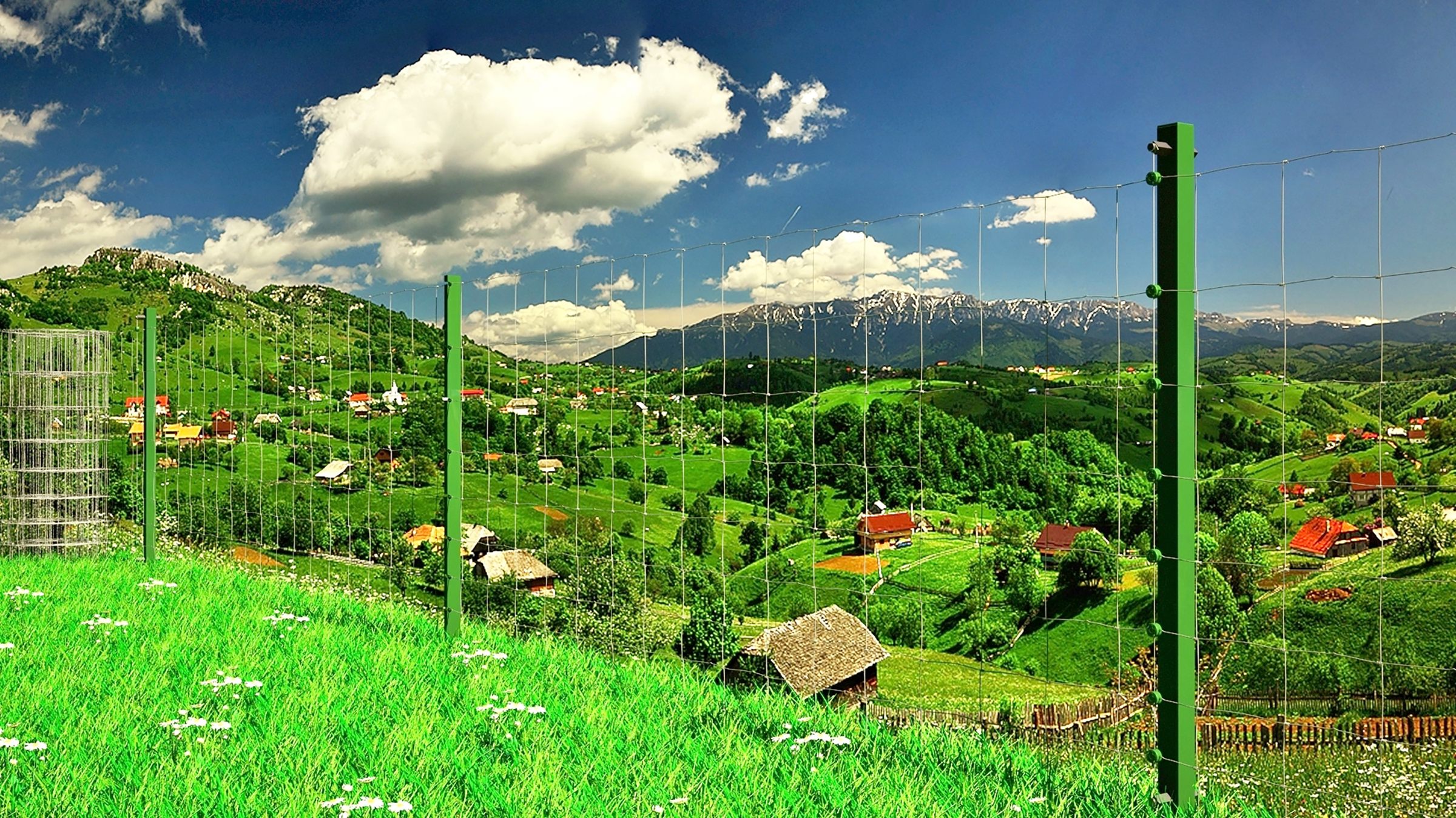 Render: field fence with green D-FENCE sensor posts on a hillside above a mountain valley