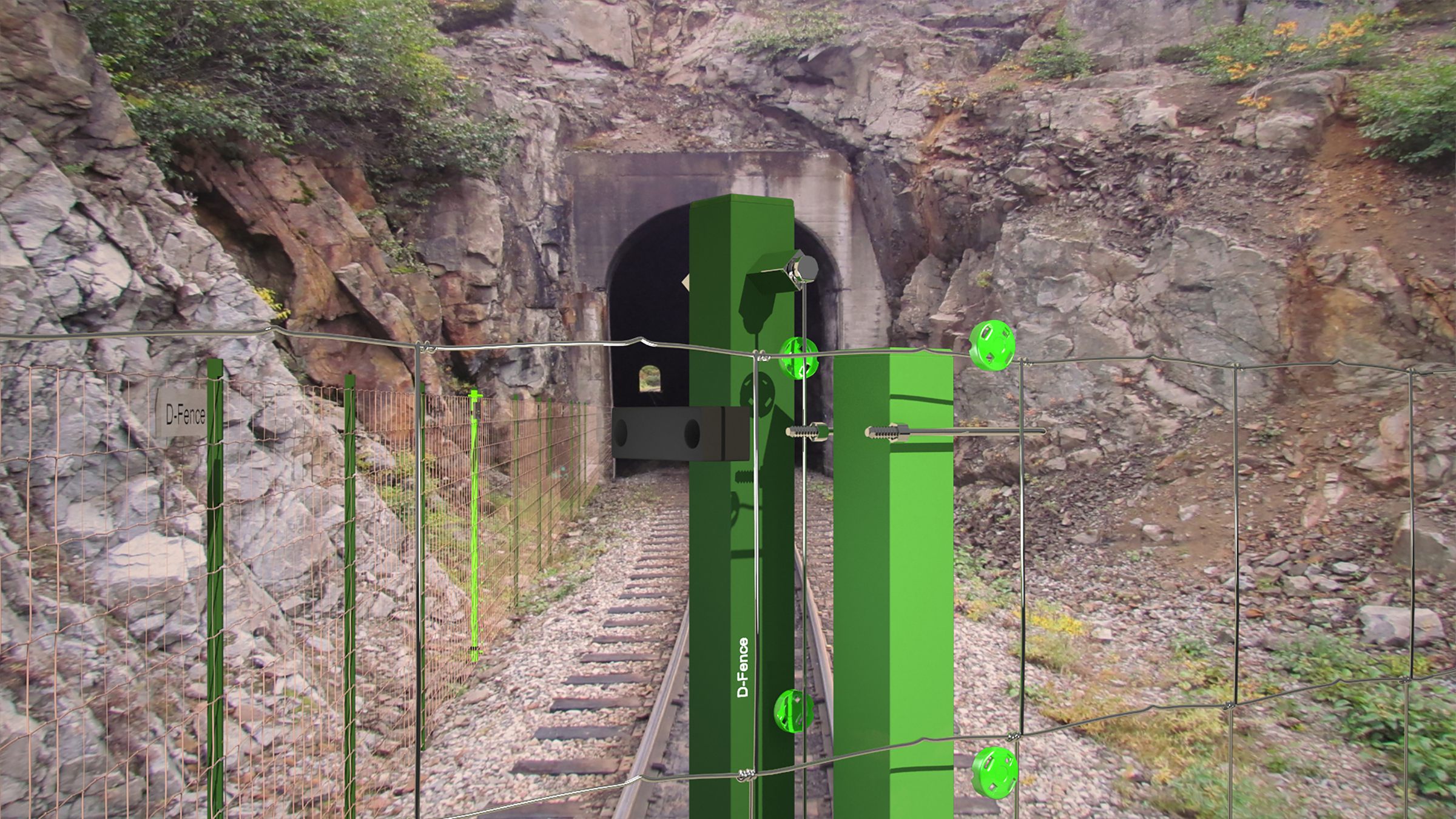 Render: sensor posts on a field fence beside a railway line at a tunnel portal
