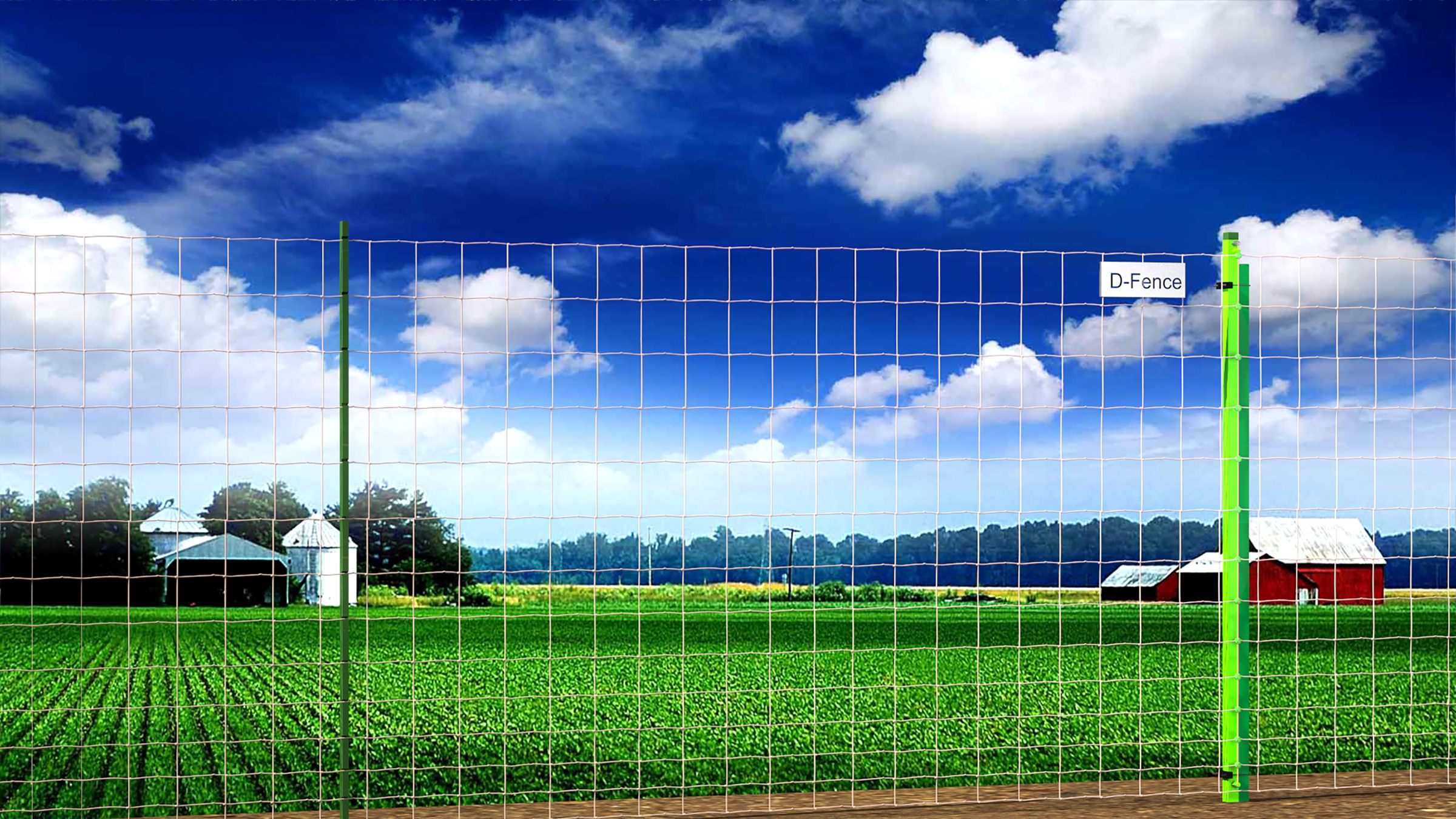 Render: field fence with a D-FENCE sensor post around green farmland with barns behind