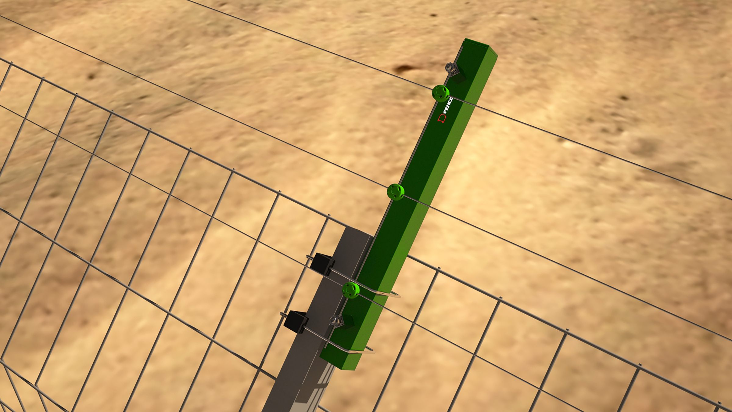 Render: close-up of a green D-FENCE sensor post holding the field-fence wires