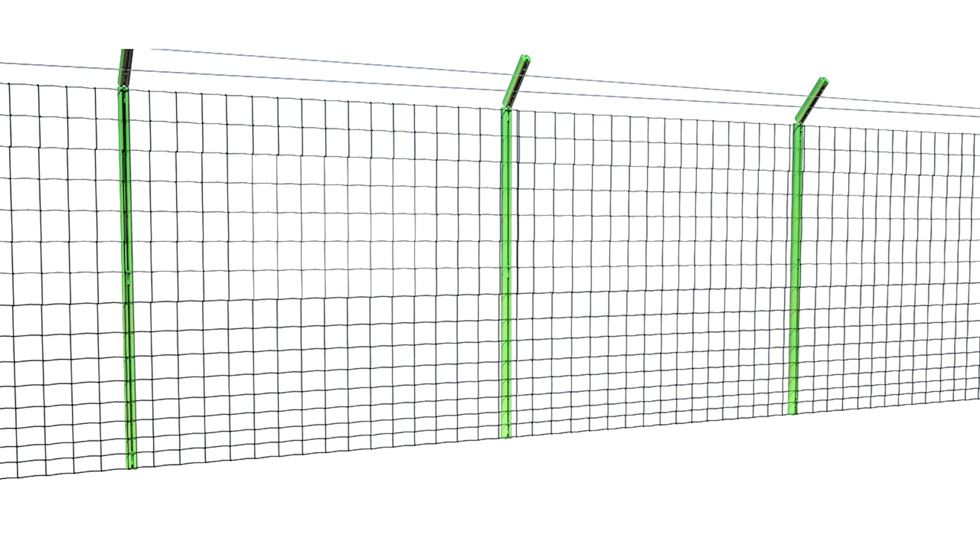 Render on white: field-fence mesh with three green D-FENCE sensor posts with angled tops