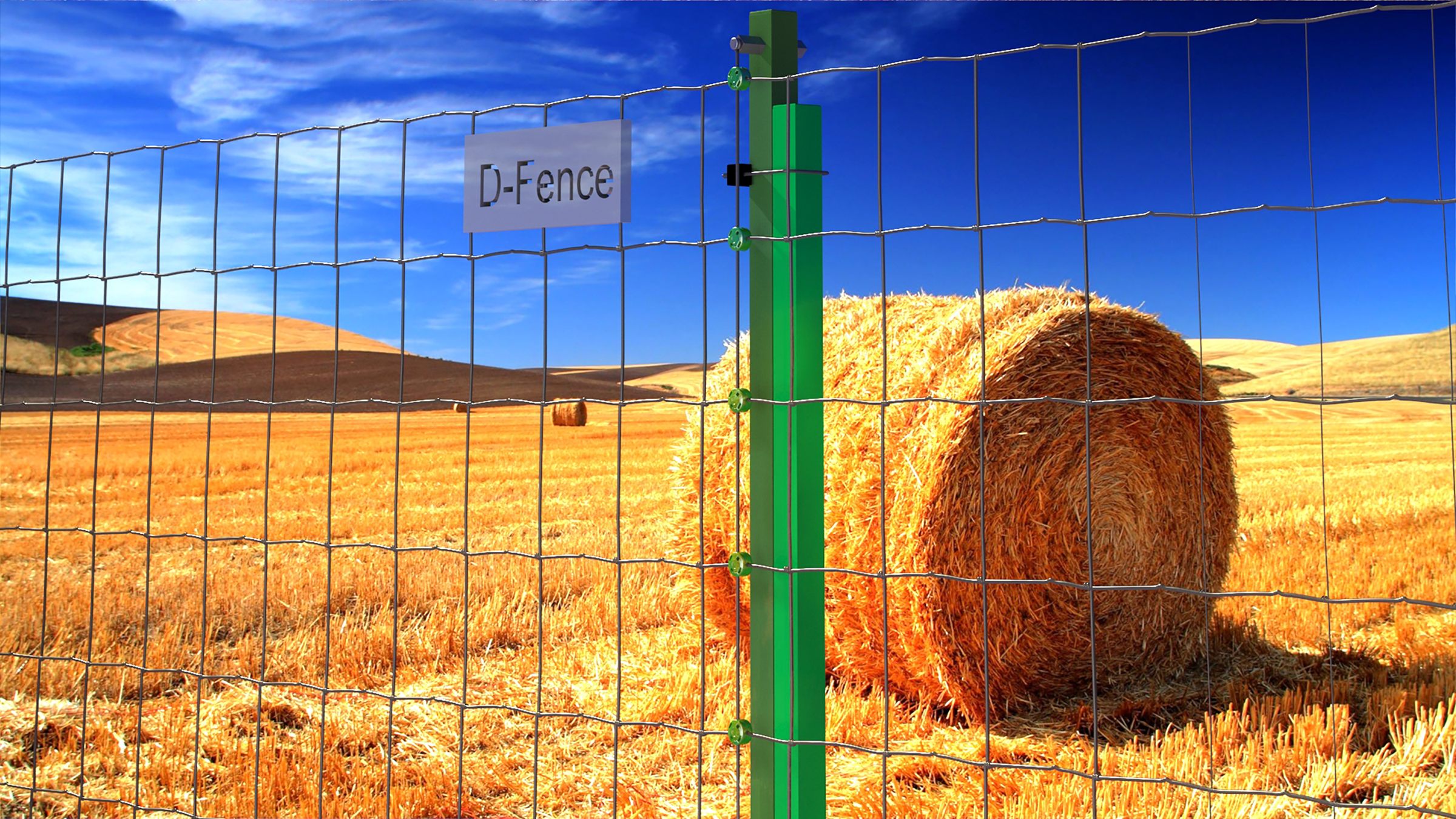 Render: a green D-FENCE sensor post in a field fence beside a hay bale in a harvested field