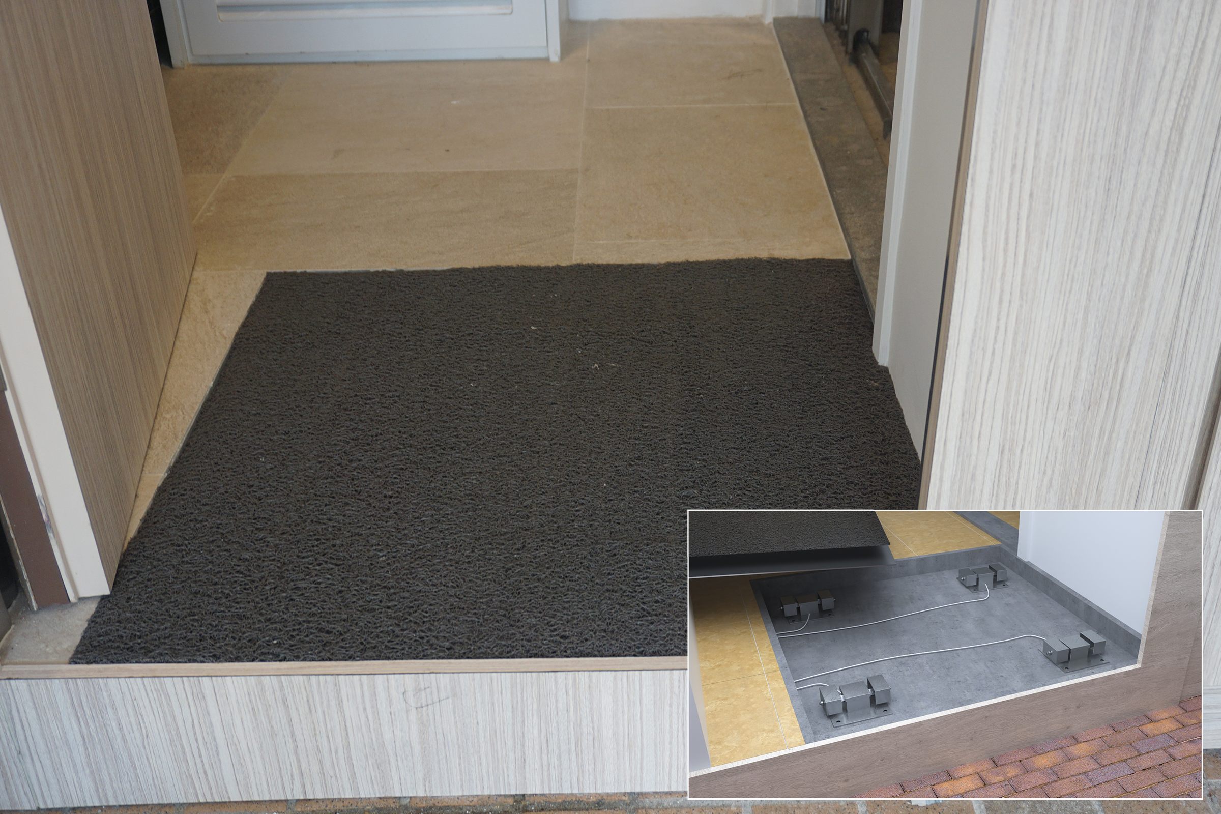 Entrance of a Hong Kong private home: a doormat on the threshold, with an inset render of the four D-Deck sensors beneath it