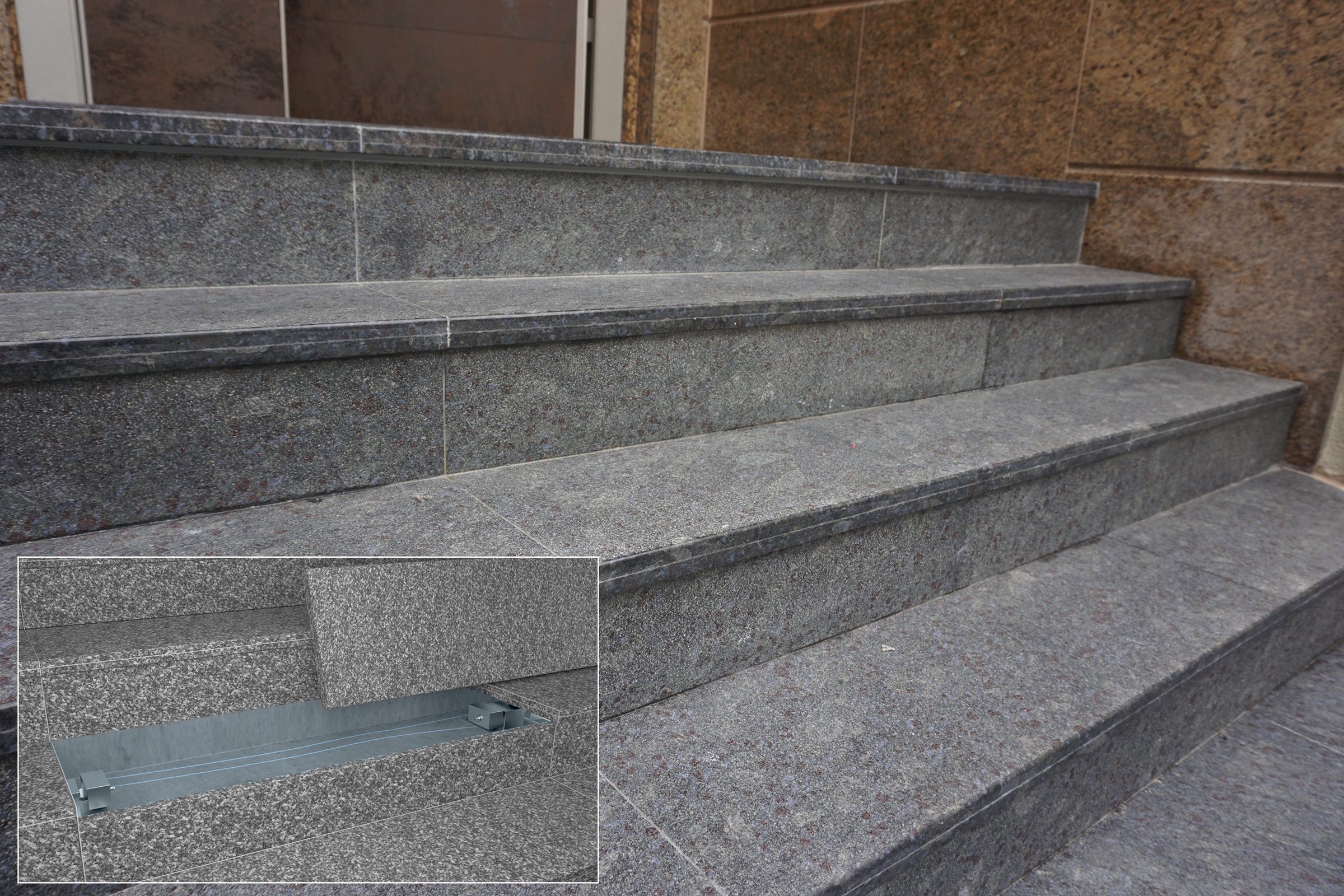 Granite entrance steps of the same Hong Kong home, with an inset showing the sensor strip under a lifted stair tread