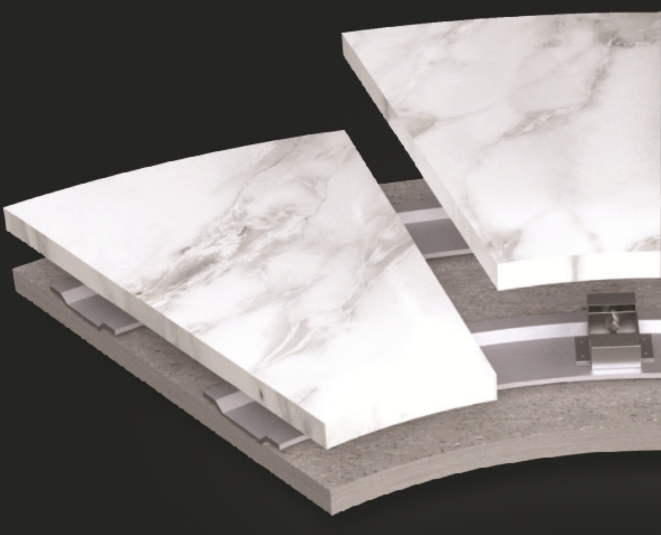 Render of marble floor tiles lifted off curved rails carrying D-FENCE pressure sensors on a screed base