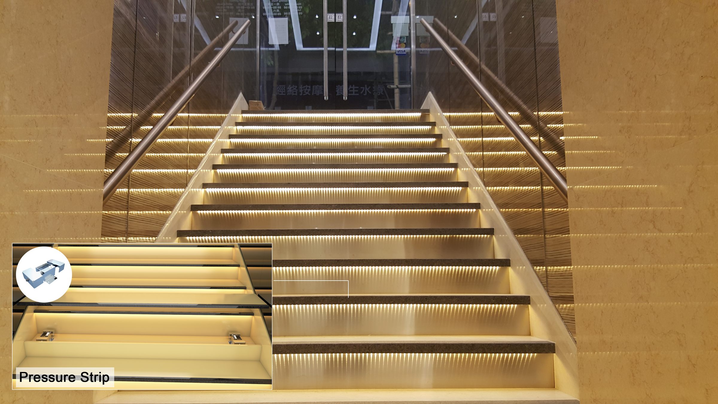 Illuminated staircase in a building lobby; an inset shows the pressure strip under the step