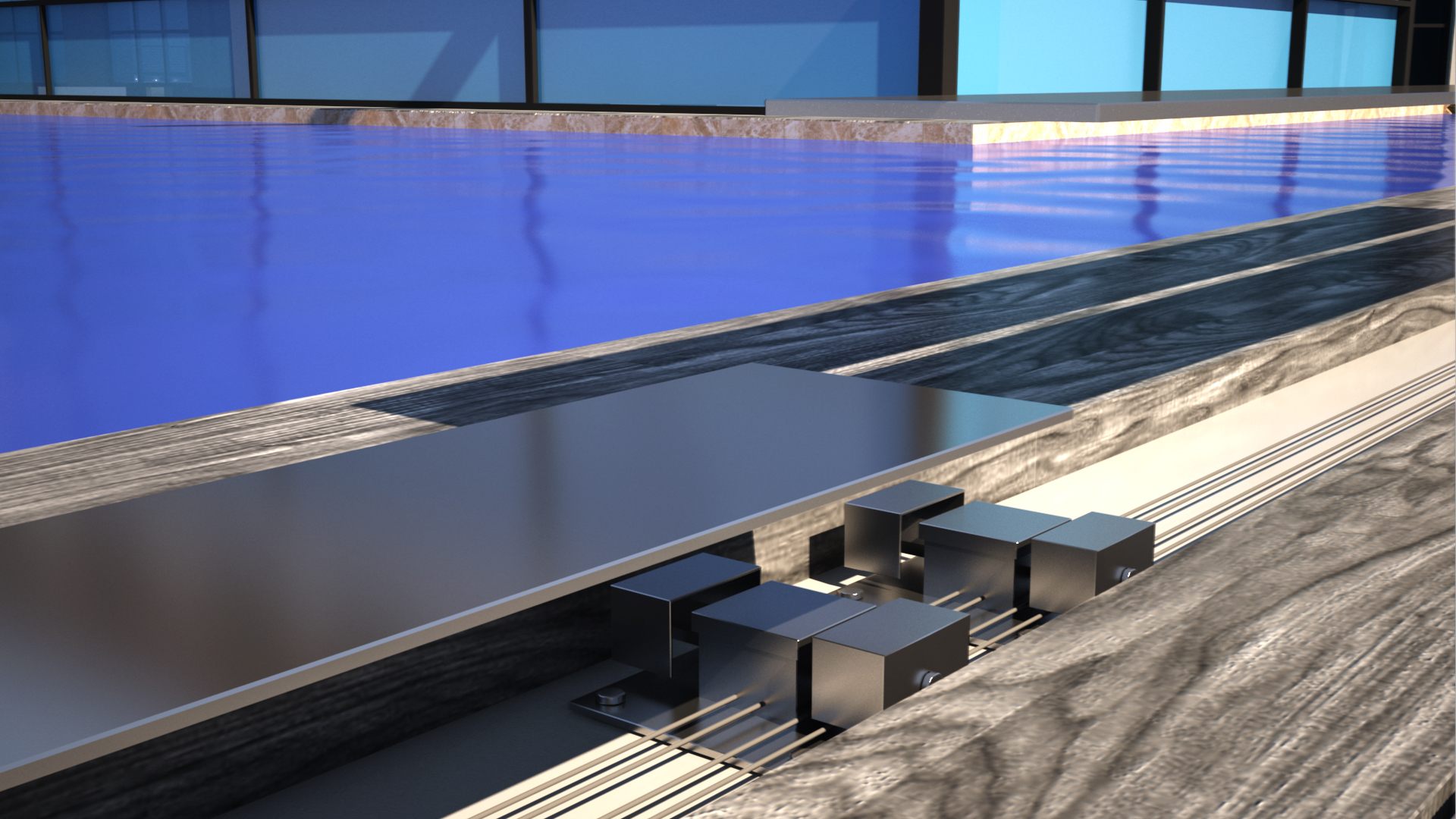 Pool deck with one board lifted to reveal four D-FENCE sensor units beneath the decking