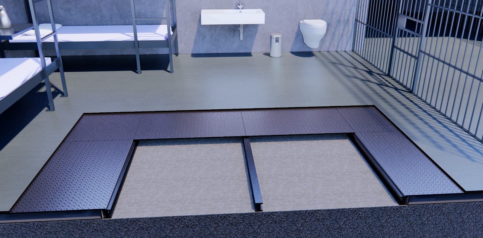Cut-away of a prison cell: chequer-plate floor panels resting on sensor rails beneath the cell floor